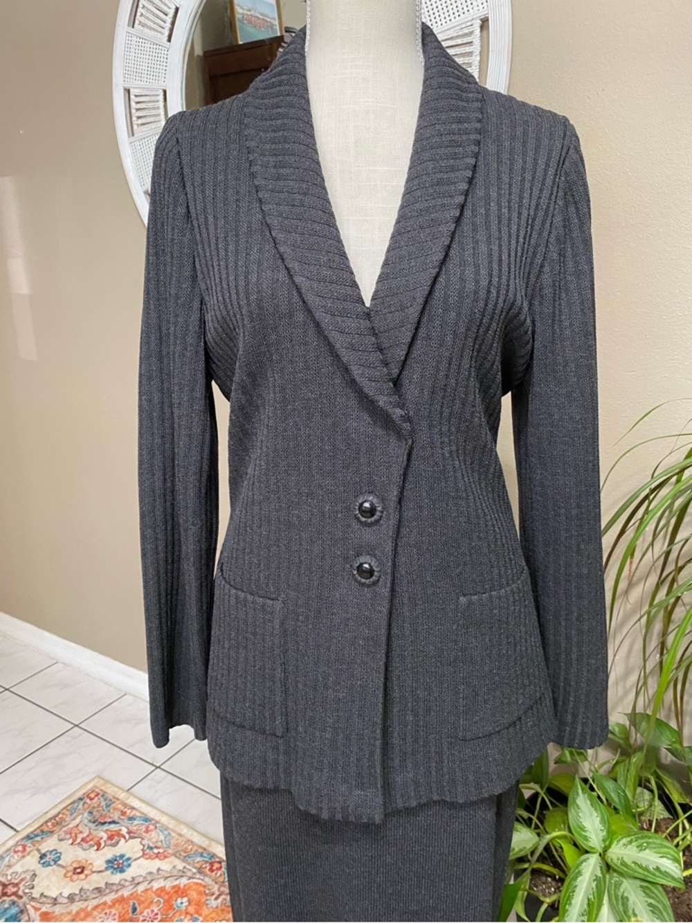 LKNW St John Charcoal Melange 10 Skirt Suit Jacket Gray Knit Wool